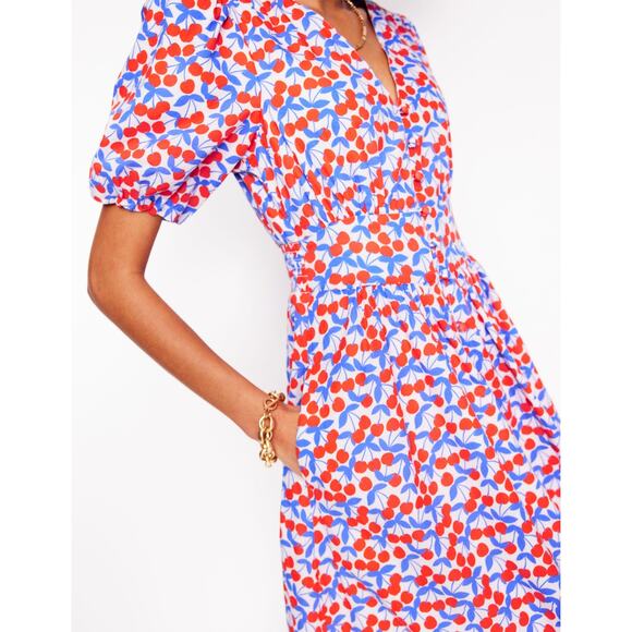 BODEN Lillian Cotton Midi Fit And Flare Dress Size 10 Cherry Print Blue Red - Picture 2 of 9